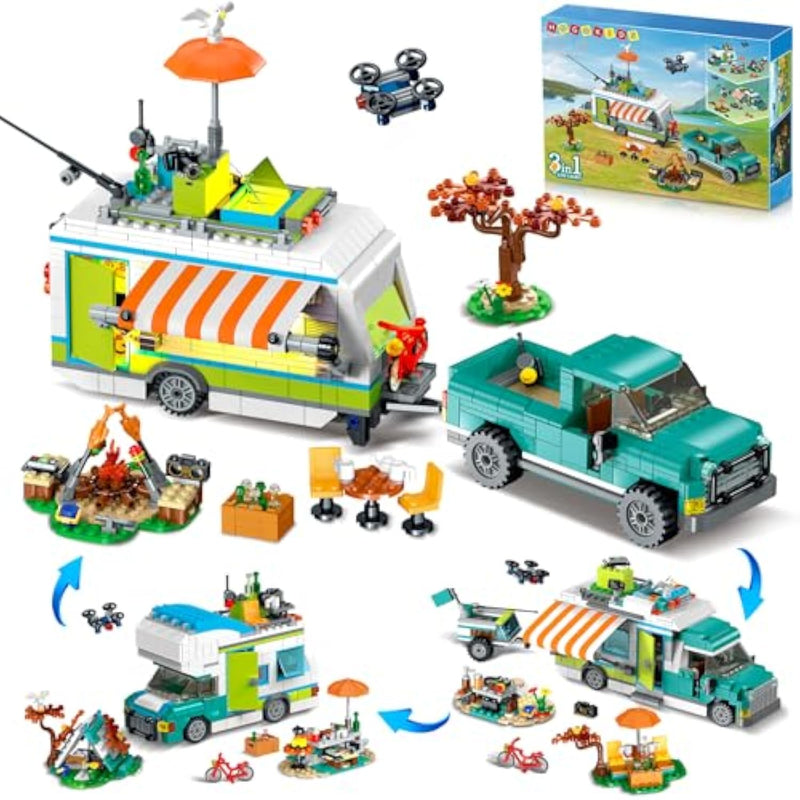 City Camper Van Building Set With Led Light - 3-In-1 Holiday Rv Camping Building Toy For Kids 879Pcs With Tent Bbq Grill Vehicles Friends Creative Adventure Gift For Boys Girls 6-12 Years Old