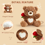 Christmas Rose Teddy Bear Stuffed Animals Soft Plush Toy Teddy Bear With Rose For Mom Thanksgiving Day Birthday Wedding Gift For Girlfriend Kids, 10", Brown