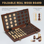 2 In 1 Magnetic Wooden Chess And Checkers Board Game Set, 15" Folding Chess Boards With 2 Extra Queens, Portable Travel Chess Sets With Pieces Storage Slots, Beginner Chess Game Set For Kids, Adults