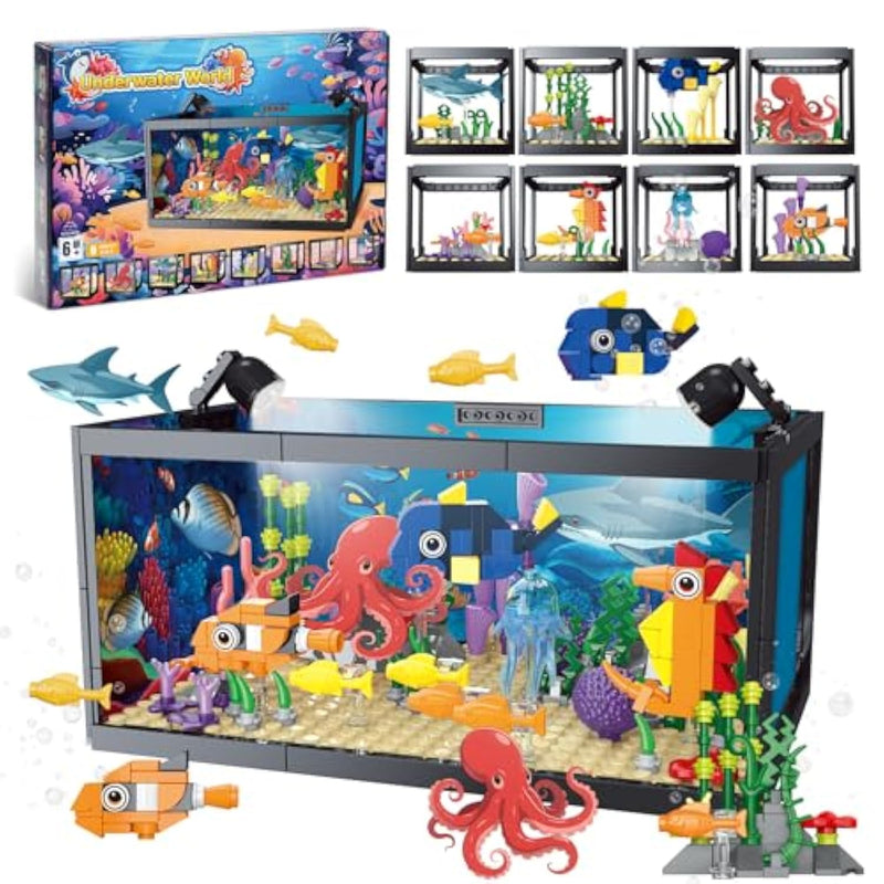 8 In 1 Fish Tank Building Sets, Marine Aquarium Building Toy With Led Light Animal Miniature Landscape Including Octopus Crab, Christmas Birthday Gifts For Adults Boys Girls Kids Ages 6 8 10 12+