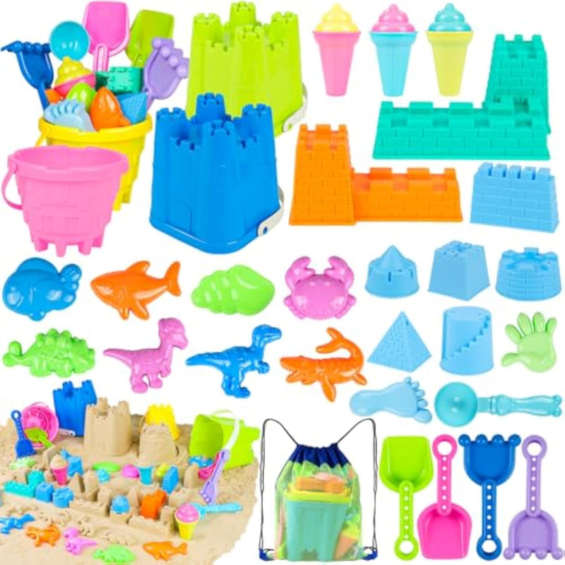 Beach Sand Toys Kit for Kids Ages 3-10 with Buckets, Shovels, Molds & Bag