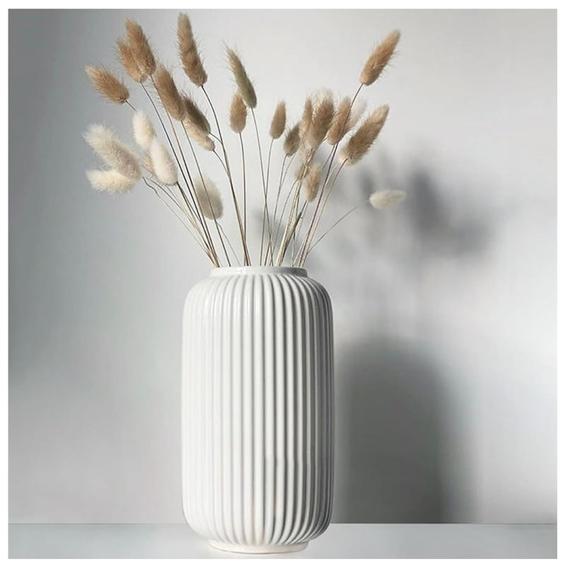 8 Inch Tall Glossy White Ceramic Ribbed Vase For Flowers And Pampas Grass, Sim