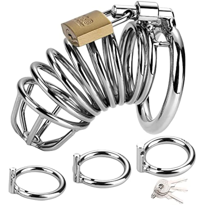 Male Cock Cage Chastity Device With 3 Sizes Of Rings,Key And Lock Included?Locked Cage Sex Toy,?Silver?