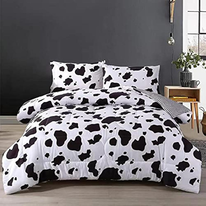 Cow Print Comforter Set Full Size, Black And White Reversible All Season Plaid