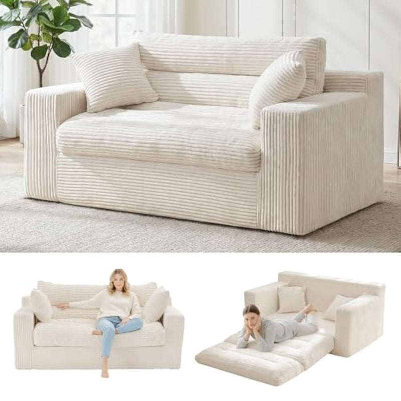 Convertible Sofa Bed, Pull Out Boneless Couch Loveseat Floor Sofa Bed With Pillows, 2-Seater Folding Sofa Loveseat Boneless Couch For Living Room, Bedroom, Apartment, Office (Beige)