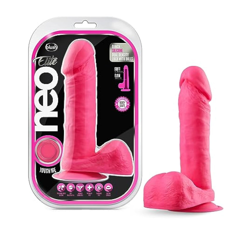 Neo Elite 8 Inch Realistic Silicone Dildo – Sensa Feel Dual Density, Suction Cup & Harness For Hands-Free Play, Lifelike Penis For G-Spot & Anal Stimulation - Adult Toys – Neon Pink