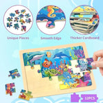 Wooden Puzzles for Kids, 12 Piece Vehicle, Farm, Space, and Ocean Themes