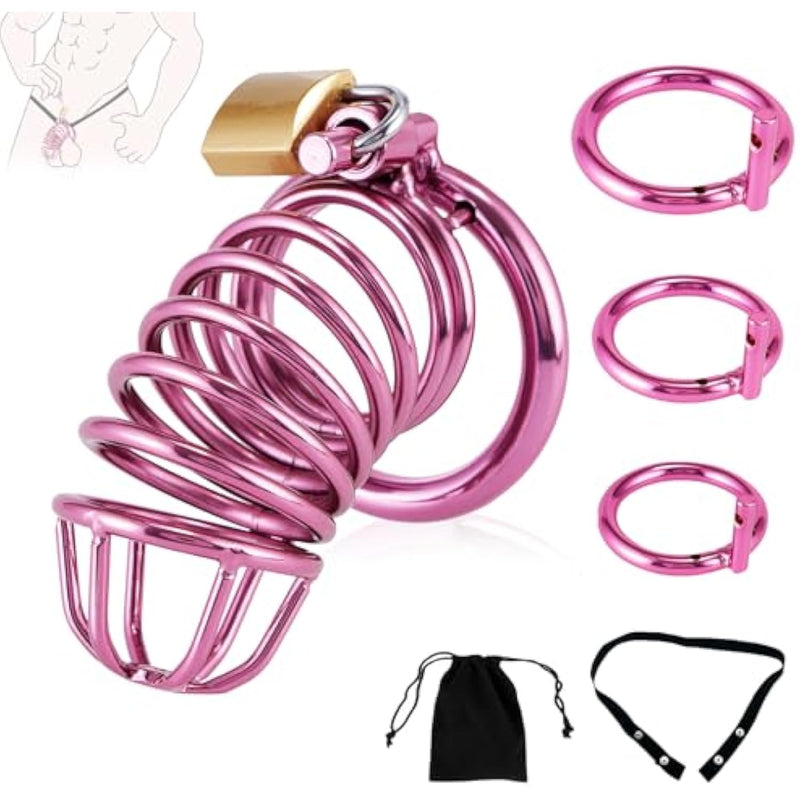Chastity Cage - Male Chastity Devices With Chastity Belt, 3 Sizes Rings (1.57", 1.77", 1.97"), 2 Keys & 1 Lock, Purple Cock Cage, Large Stainless Steel Penis Bondage Restraints Bdsm Sex Toy For Men