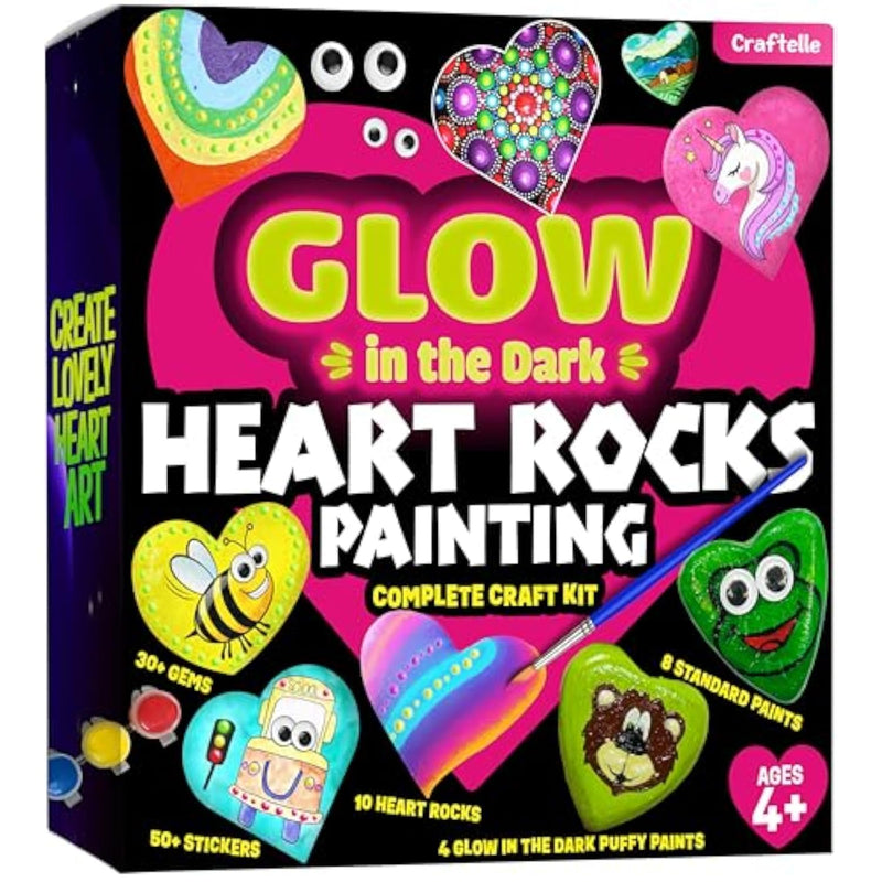 Heart Rock Painting Kit for Kids Ages 4-12, Glow-in-the-Dark STEM Craft Set