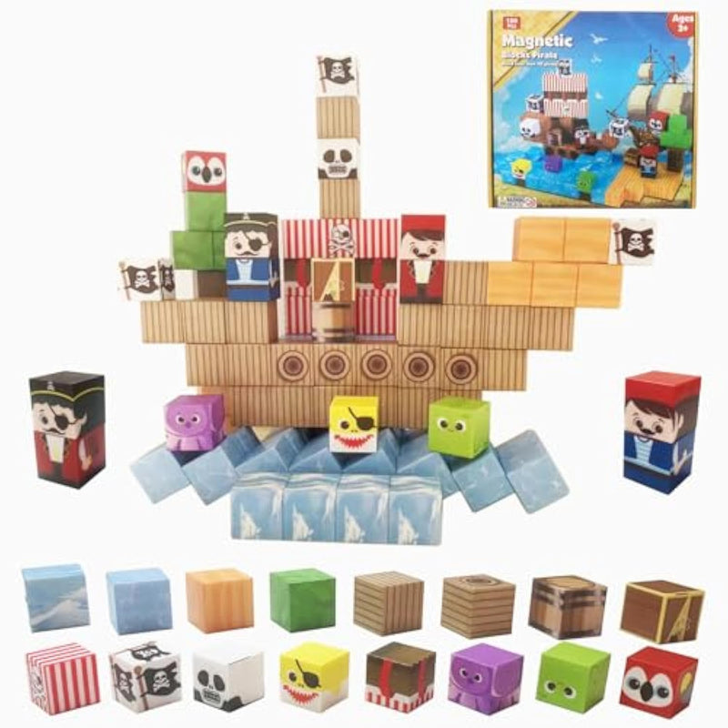 Magnetic Blocks Pirate Ship Magnet Cubes 100Pcs Montessori Building Block Sets Stem Sensory Construction Toys For Boys Girls Ages Kids 3-12 Birthday Party Gifts