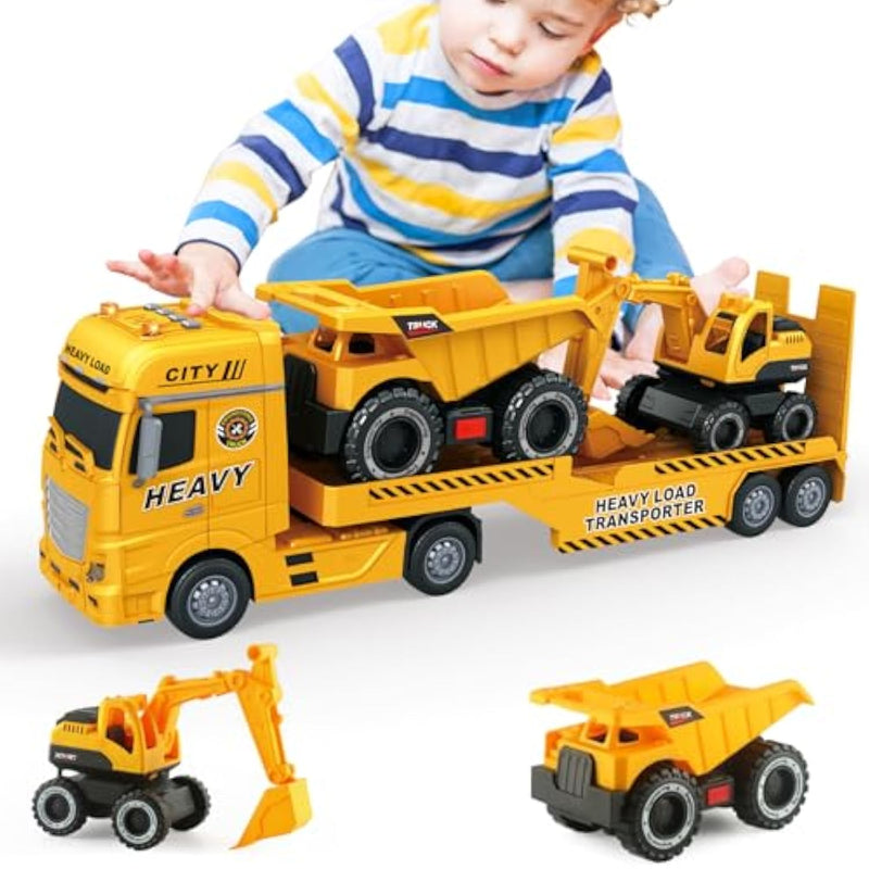 Large Flatbed Semi Truck Toy For Kids, 25.6'' Construction Vehicle With Excavator And Dump Truck, Friction Powered Construction Trucks Excavator Kids Toys With Light & Sound