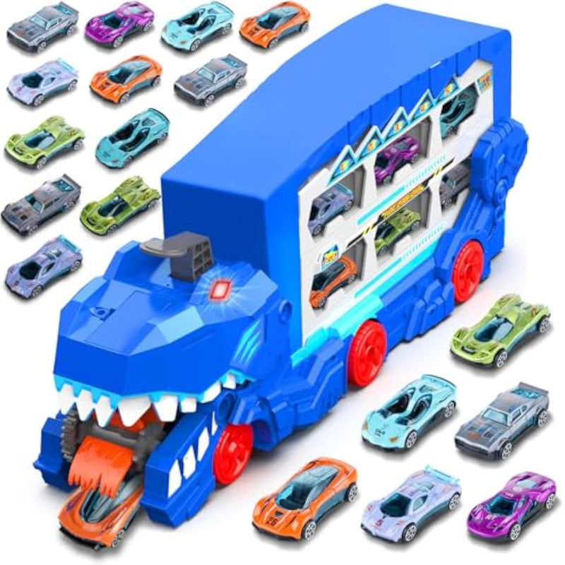 Dinosaur Transport Truck Set For Kids - Monster Carrier Truck Toy With Die-Cast Metal Toy Cars, Light & Sound Toddler Toys Cars Gift For Age 3 4 5 6 7 8 Years Old