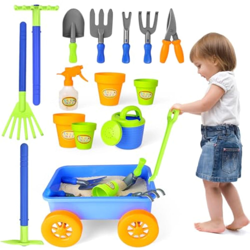 Kids Garden Wagon Wheelbarrow And Gardening Tools Play Set Includes 10 Accessories And 4 Plant Pots,Great Outdoor Toddler Toys Kids Gardening Set