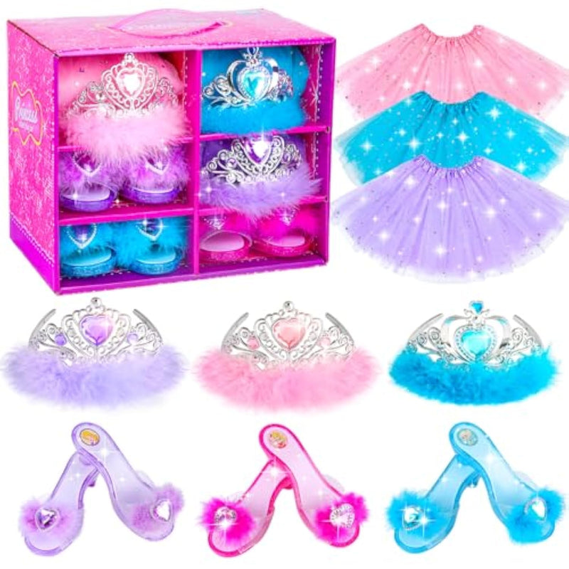 Princess Dress Up Shoes , Dress Up Clothes Pretend Play Costumes-3 Sets Of Princess Shoes, Dresses And Crowns, Princess Accessory Toys For 3-6 Yr Girl Birthday Gifts