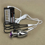 Purple Gemstone Base Metal Anal Plug Set with 3 Stretchable Penis Rings for Electric Shock Stimulation