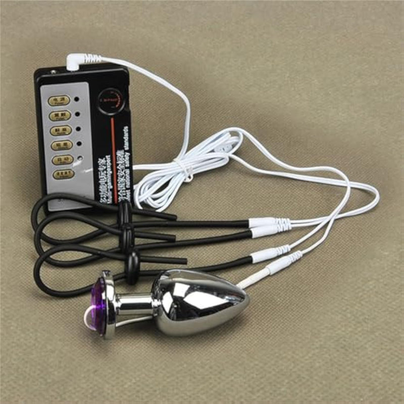 Purple Gemstone Base Metal Anal Plug Set with 3 Stretchable Penis Rings for Electric Shock Stimulation