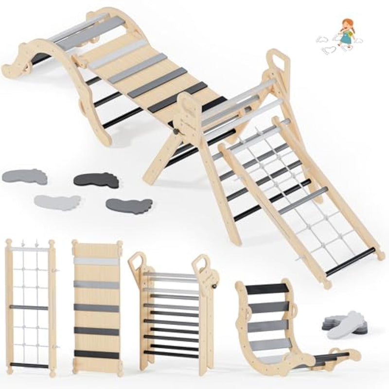 10-In-1 Pikler Triangle Set, Toddler Climbing Toys Indoor, Montessori Climber, Baby Jungle Gyms With Arch, Extra Rope Ladder & Footprint Balance Beam - Grey Twilight