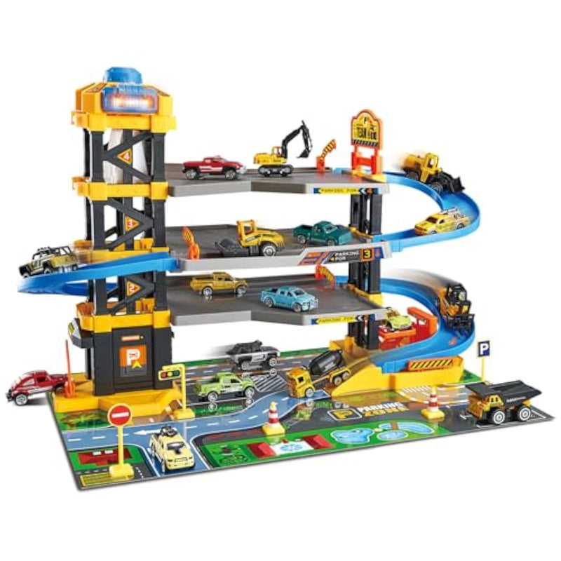 Parking Garage Toy Playset, Race Car Ramp Track Toys Sets Garage Playset With 6 Little Alloy Construction Cars Adventure Track