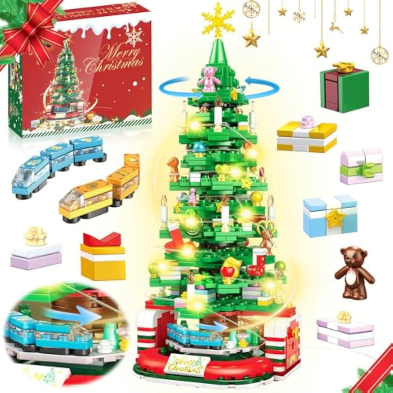 Christmas Tree Building Block With Led Light, Rotating Christmas Tree 2024 Building Set For Adults, Christmas Tree Building Kit Xmas Gift For Boys And Girls (Non-Advent Block)