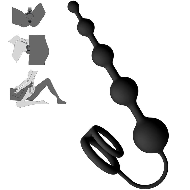 Anal Beads Butt Plug With Penis Cock Rings Adult Anal Sex Toys For Women Men, Flexible Silicone Anal Plug Prostate Massager Graduated Design Bullet G Spot Stimulor For Couples Play-Black