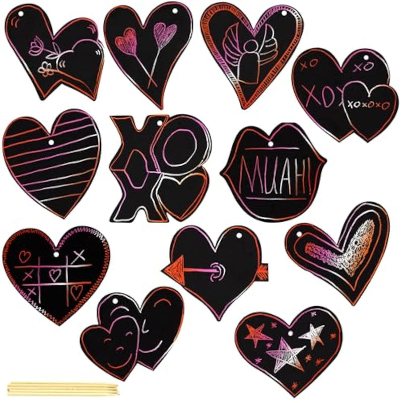 Valentine's Day 48 Scratch Art Ornament Cards with 24 Sticks