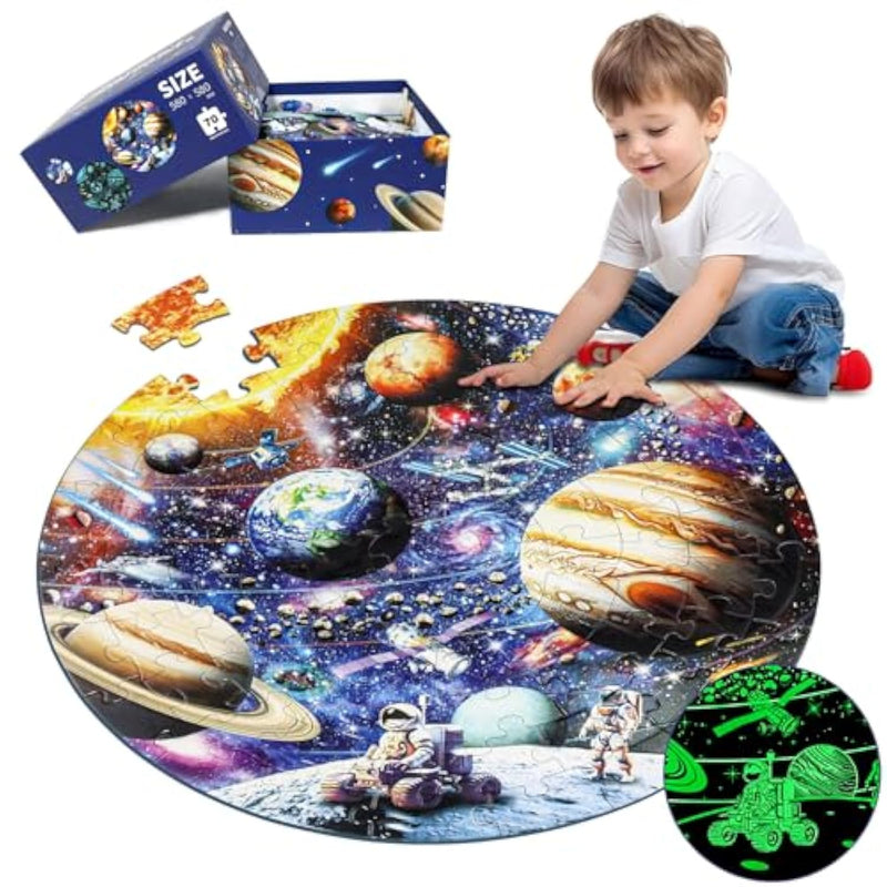Glow In The Dark Solar System Jigsaw Puzzles For Kids Ages 4-8, 70 Pieces Kids Space Planet Floor Puzzle Toys Ages 8-10, Large Round Educational Puzzle Toys Gifts For Boys Girls Children