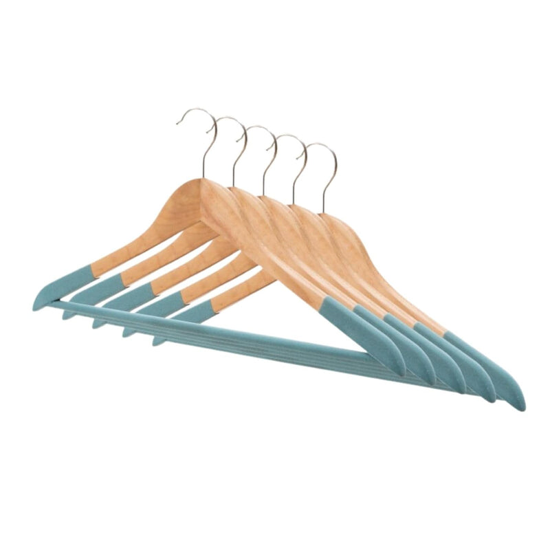Blue-Green Soild Wooden Hangers,Strong And Sturdy- Set Of 5 | Non-Slip Octagonal