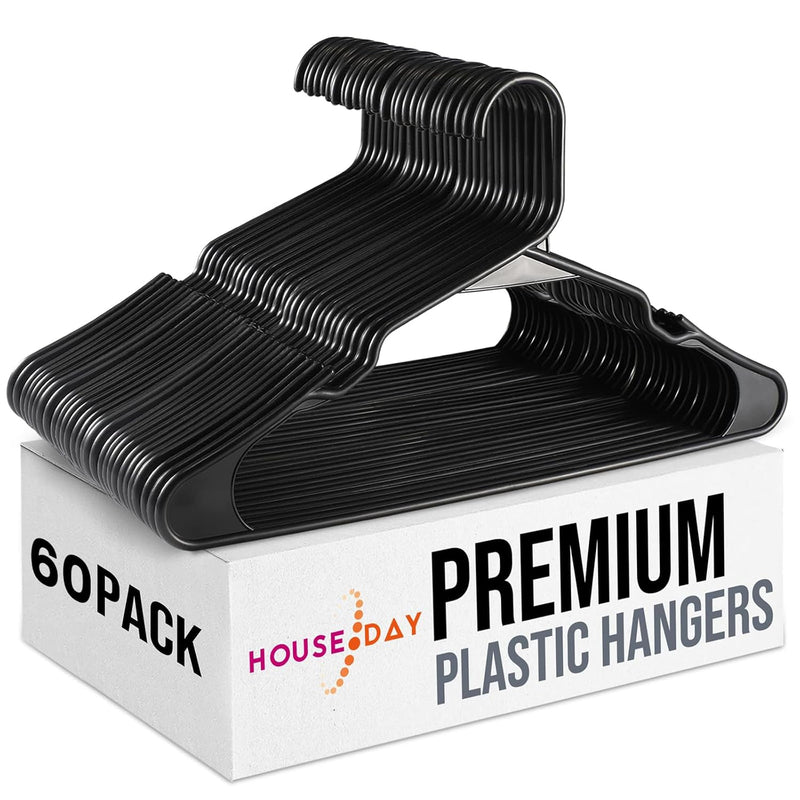 Black Plastic Hangers 60 Pack, Plastic Clothes Hangers Space Saving, Sturdy Clot