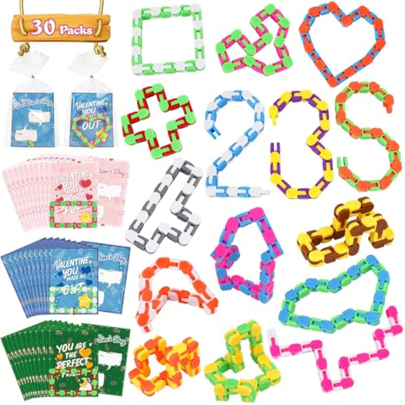 30 Pack Valentines Day Gifts For Kids-Wacky Tracks With Valentines Cards, Fidget Snake Puzzles Toys For Stress Relief, Valentines Day Cards For Kids Schools, Valentines Gift Exchange