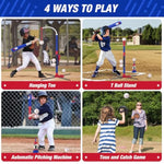 4 In 1 T Ball Sets For Kids 3-5 With Toss And Catch Ball Set, Hanging Tee Stand With Auto Pitching Machine/ 2 Bats, Indoor Outdoor Toys Birthday Baseball Gifts For Toddler Boys Girls, Blue
