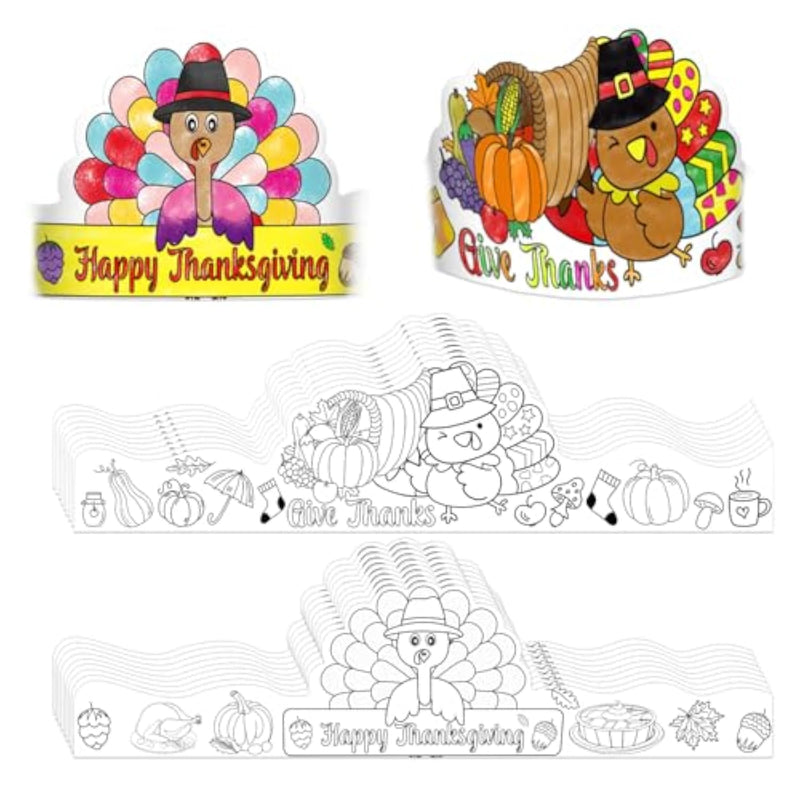 Thanksgiving Turkey Crowns and Hats Set for Kids - 24 Pieces Fall Crafts