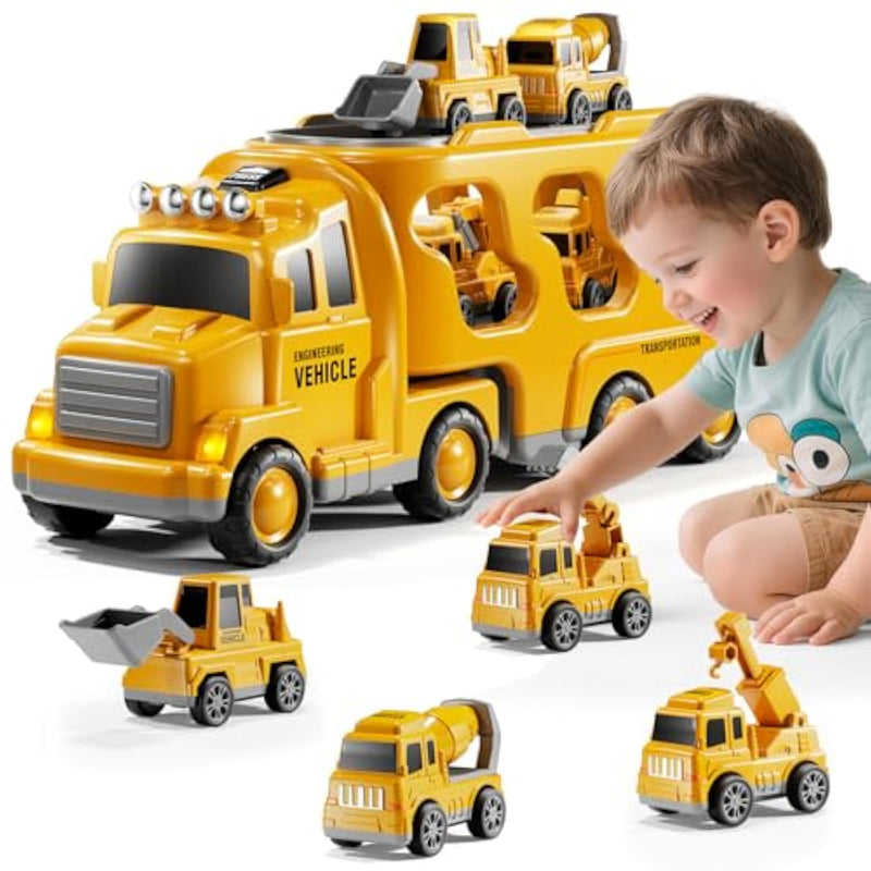Construction Truck Toys Set For Kids Aged 1 2 3 4 5 6 7 8, Truck Playset With Toy Cars, Light And Sound, Movable Parts Construction Toys For Toddlers, Birthday Gifts For Boys Girls 2-4 4-7