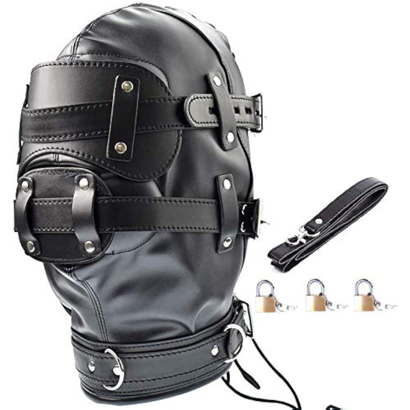 Leather Bondage Gimp Mask Hood, Full Face Blindfold Mask Hood Lockable & Dildo Penis Mouth Gag Breathable Restraint Head Hood, For Unisex Adults Couples, Bdsm/Lgbt Fetish Hood Black