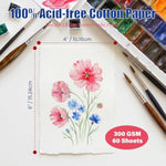 60 Sheets Deckled Edge Watercolor Paper 4x6 Inch for Mixed Media Projects