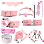 Bdsm Kit 11 Pcs Leather Sex Restraints Set With Adjustable Handcuffs Collar Ankle Cuff Blindfold Feather Tickler Nipple Clamp Etc Adult Couples Sexy Toys (Pink)