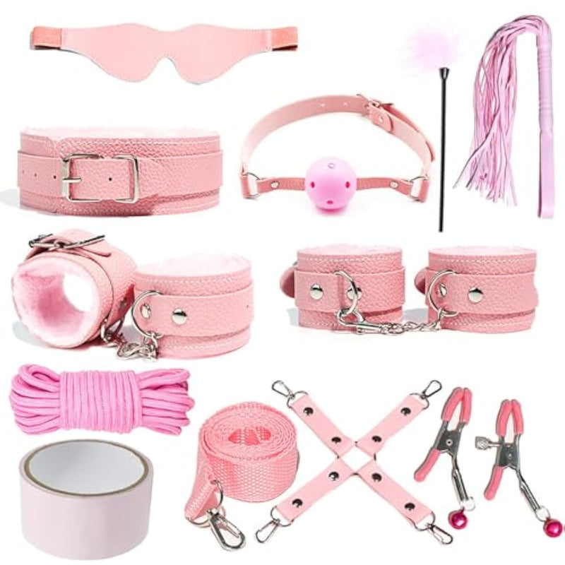 Bdsm Kit 11 Pcs Leather Sex Restraints Set With Adjustable Handcuffs Collar Ankle Cuff Blindfold Feather Tickler Nipple Clamp Etc Adult Couples Sexy Toys (Pink)