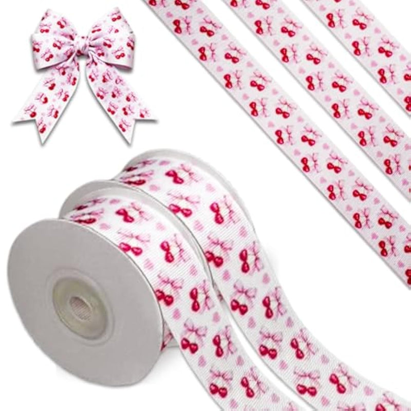 Pink Bow And Cherry Ribbon 10 Yards Bear Ribbon For Baby Shower Birthday Decorations, Classic Grosgrain Ribbon (1 Roll - 0.9 Inch Wide)