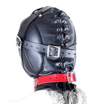 Leather Bondage Mask for Adults - Black Full Face Breathable Restraint Head Hood