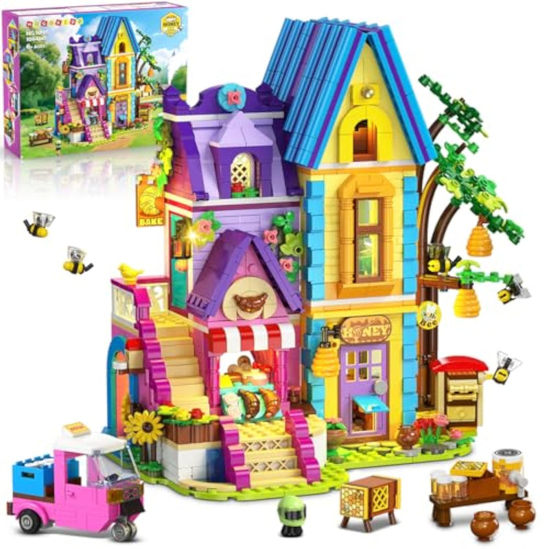 Beekeeping & Bakery House Building Toy With Led Light - 1084Pcs Friends Girls Baking Building Set With Honey Workshop, Pretend Play Birthday For Kid Girls Boys Ages 8-12+ Years