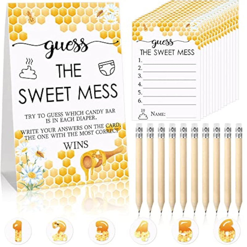 67 Pcs Guess The Sweet Mess Dirty Diaper Baby Shower Game Includes Guess The Sweet Mess Sign 50 Small Cards 10 Pencils And 6 Number Stickers For Baby Shower Game Gender Reveal Party(Bee)