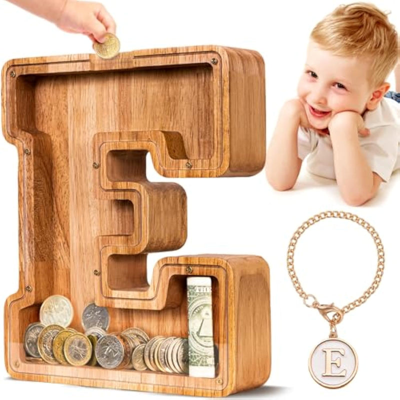 Wooden Letter Piggy Bank For Kids| Piggy Bank For Boys Girls Toddler| Alphabet E Money Bank| Personalized Initial Wood Coin Bank Birthday For Kids (E)