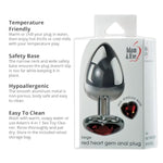Tapered Metal Anal Plug with Red Heart Gem Base and Polished Aluminum Finish