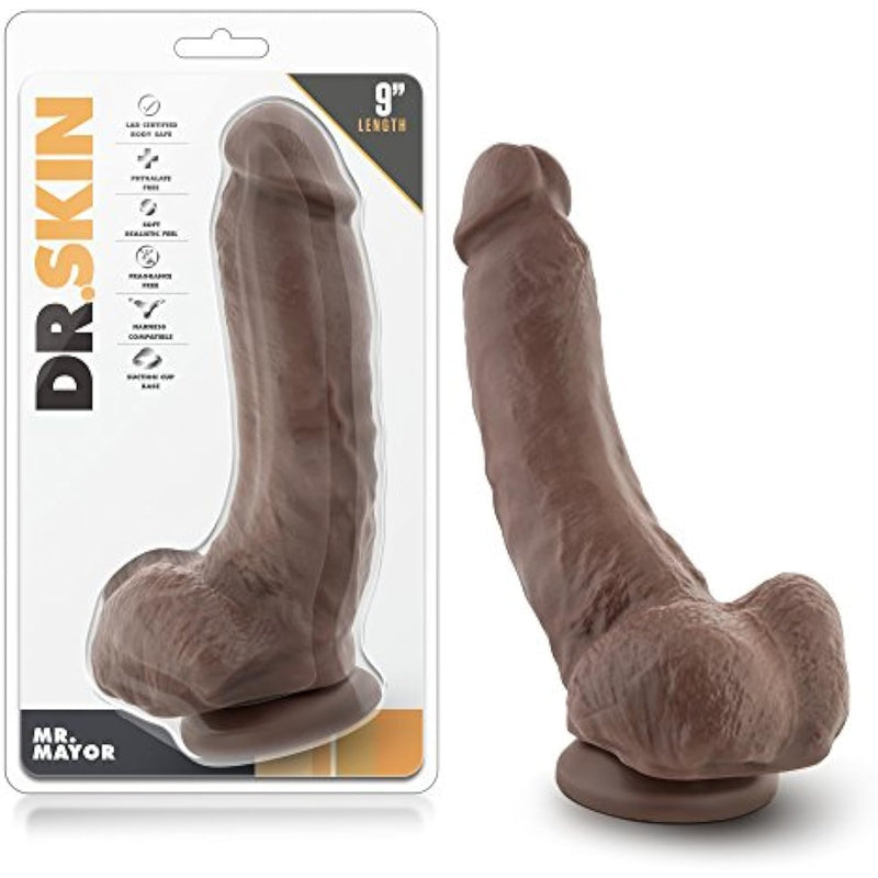 Dr. Skin Adult Sex Toy - 9 Inch Mr. Mayor Dildo With Suction Cup, Long Realistic Thick Girthy Harness Compatible Adult Toys For Female Male Guys,Women, Men, Couples - Chocolate