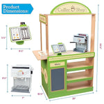 Pretend Coffee Shop Wooden Playset- Drive Thru Window Holiday Fun- Frappuccino, Straws, Espresso Maker, Bread, Pastries, Rotating Cash Register, Coffee Cups, Apron- 25+ Play Pieces Kids Xmas Gift