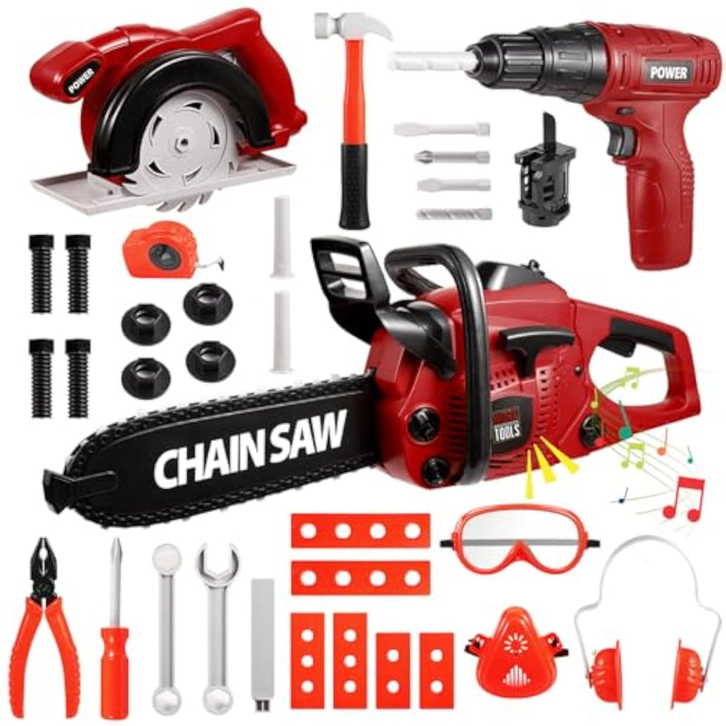 Kids Tool Set 36 Pcs With Toy Chainsaw Electronic Toy Drill With Sound And Light, Pretend Play Kids Tool Box Construction Toy, Great Toy Tool Set For Toddlers Boys Girls Ages 3+