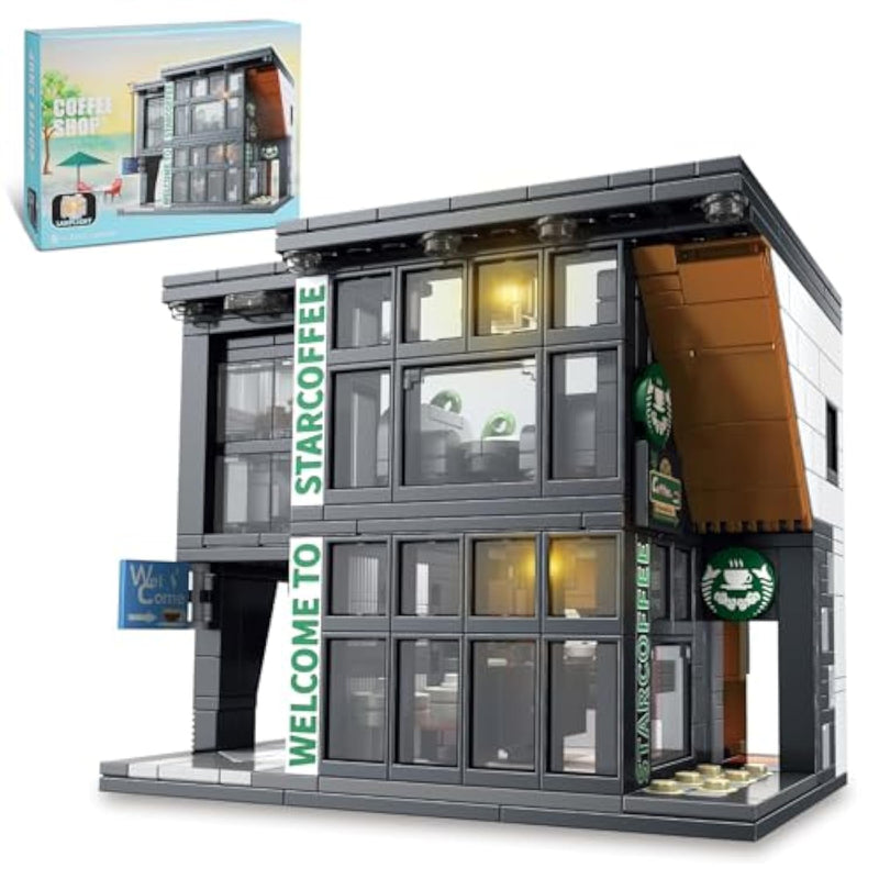 City Coffee House Architecture Building Blocks Set For Adults, Street View Modern Cafe Shop Building Construction Toy With Light, Christmas Birthday Gift For Kids Boys Girls 6-12 (581 Pcs)