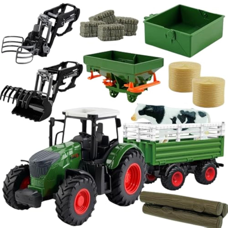 Farm Toys Tractor With Trailer-16.5 Inches Tractor Playset 1/24 Scale Gripper Frontloader Spreader For Boys Kids Toddlers Age 3-7 Years Old