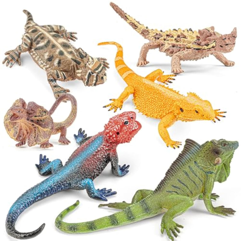 6Pcs Large Lizard Figurines Animal Toys, Realistic Plastic Reptile Animal Figures, Includes Bearded Dragon,Green Iguana,Frilled,Coast Horned,Plains Rock Figures, Educational Toy For Kids