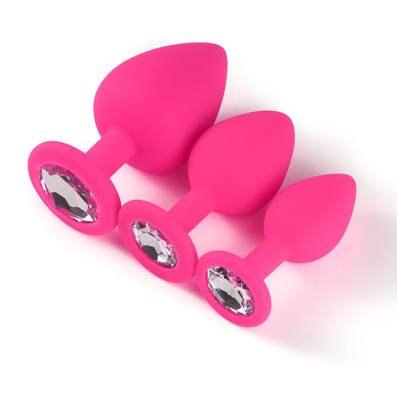 3 Pcs 3 Size Silicone Jeweled Anal Butt Plugs Anal Trainer Toys Silicone Butt Plug Silicone Anal Plug Set Round Shape Plug Beginner Trainer Kit Adult Sensory Toys For Men Women(Pink)