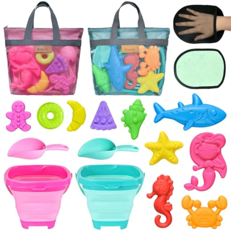 Collapsible Beach Sand Toys For Kids - Travel Beach Toys With 2 Collapsible Beach Buckets, Mesh Bags, Animal Sand Molds, Sand Bucket Shovel Set Sandbox Toy For Toddlers Kids